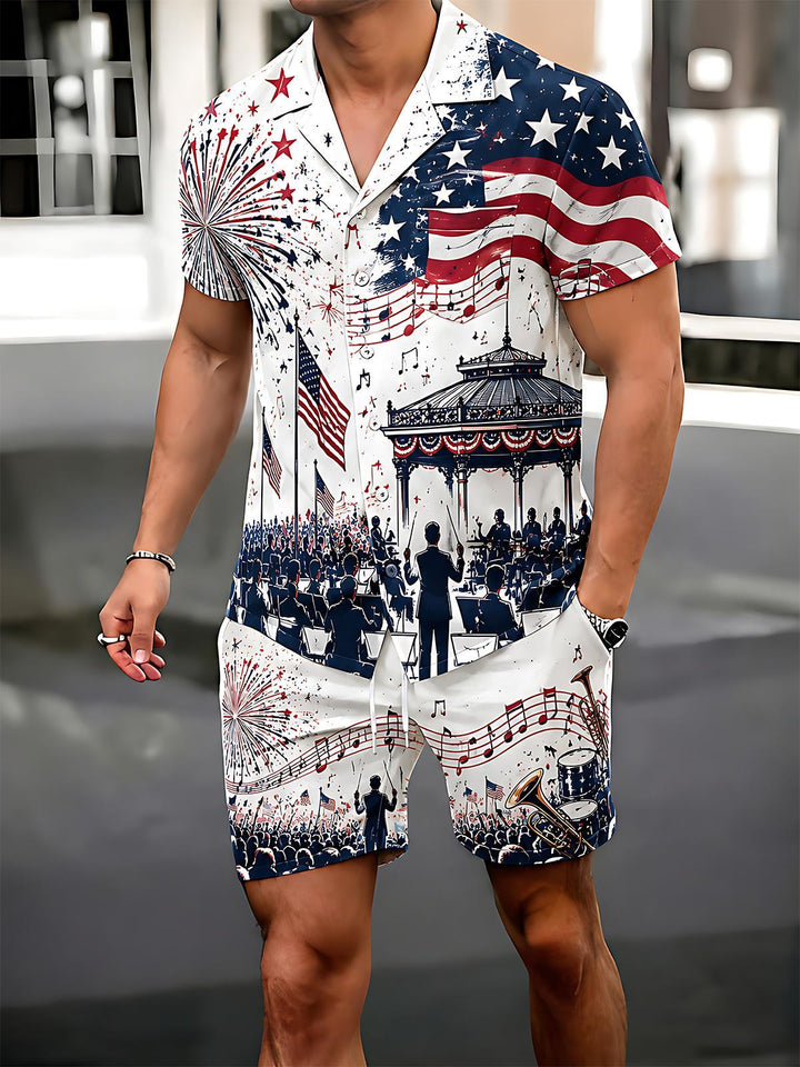 Independence Day American Fireworks Concert Men's Pocket Short Sleeve Set