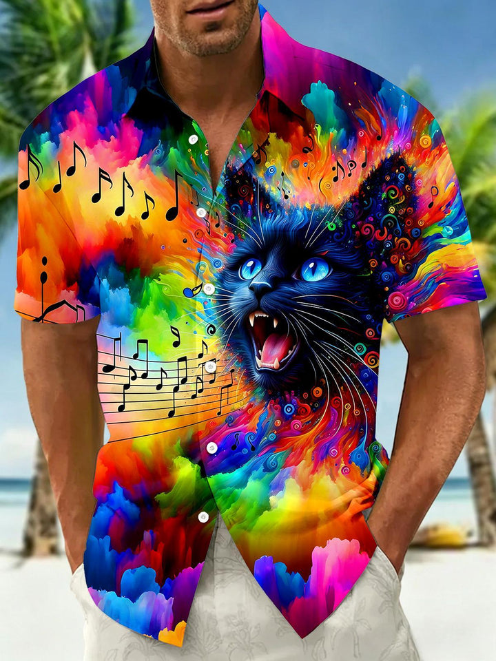Oceanlyte Men's Graphic Abstract Psychedelic Cat Music Notes Print Short Sleeve Button Down Shirt with Chest Pocket