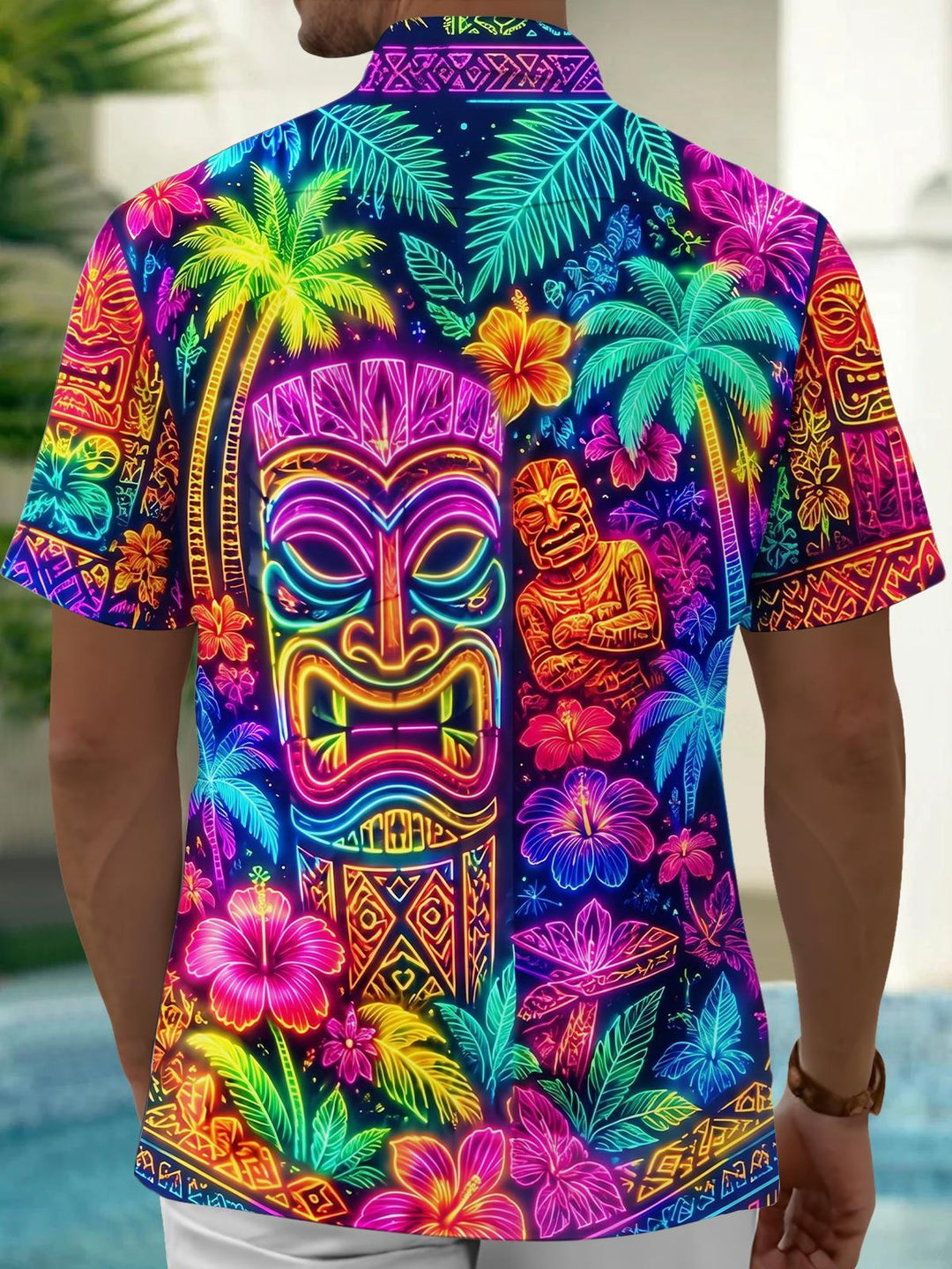 Colorful Neon Tiki Tribal Totem Hawaiian Tropical Party Men's Pocket Short Sleeve Shirts