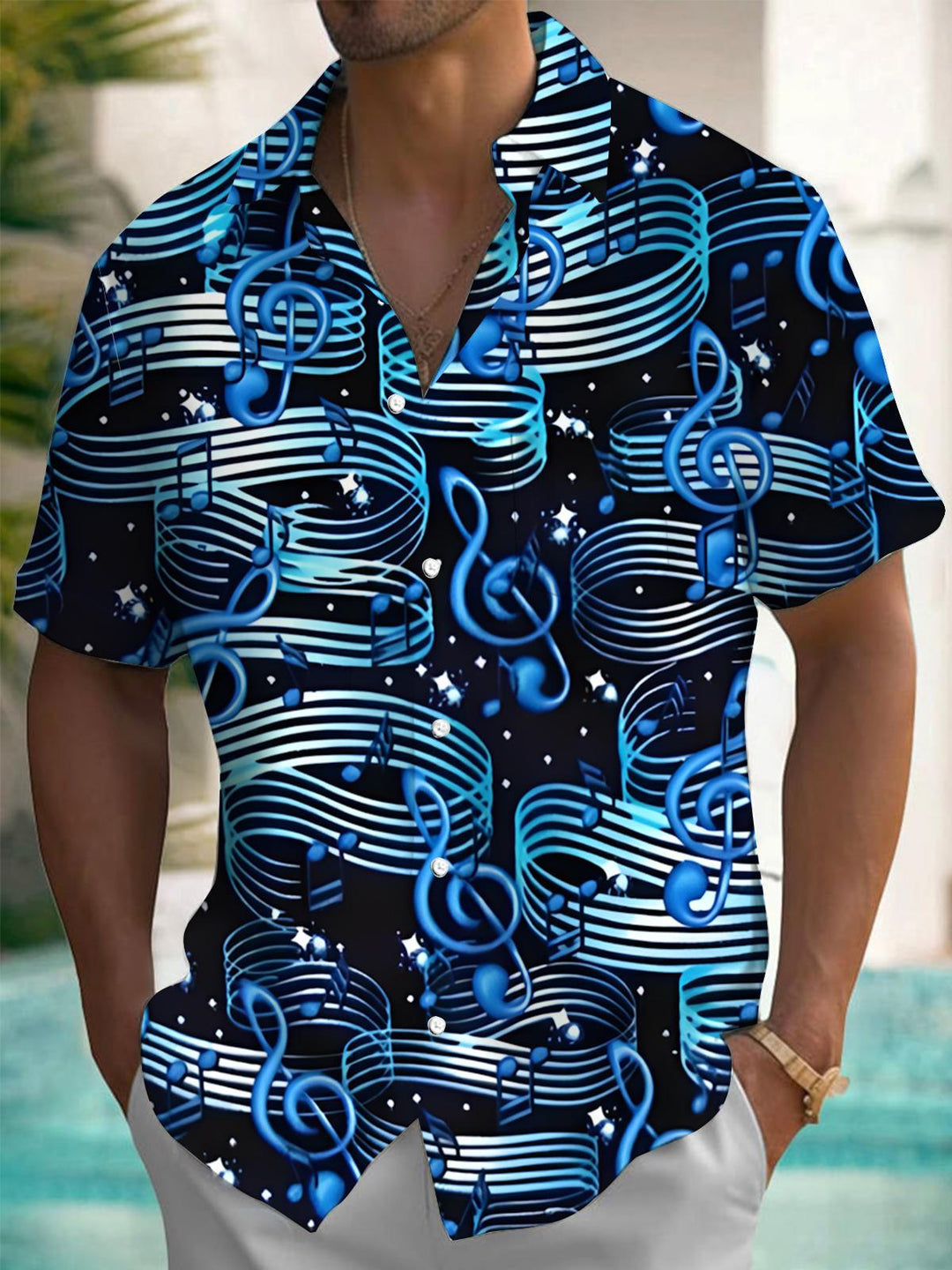 Oceanlyte Men's Graphic 3D Musical Notes Pattern Print Short Sleeve Button Down Shirt with Chest Pocket