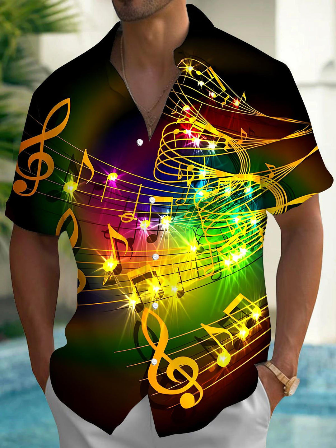 Oceanlyte Men's Green Graphic Abstract Glowing Musical Note Print Short Sleeve Button Down Shirt with Chest Pocket