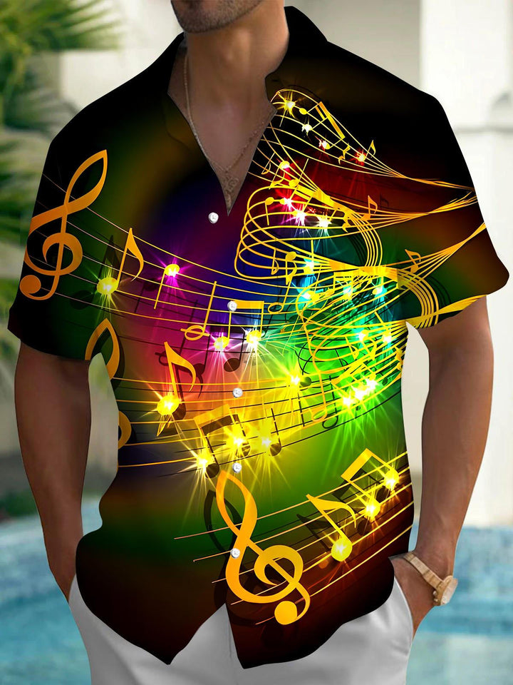 Oceanlyte Men's Green Graphic Abstract Glowing Musical Note Print Short Sleeve Button Down Shirt with Chest Pocket