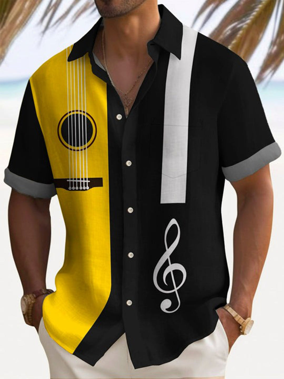 Oceanlyte Men's Graphic Guitar Music Note Print Short Sleeve Button Down Shirt with Chest Pocket