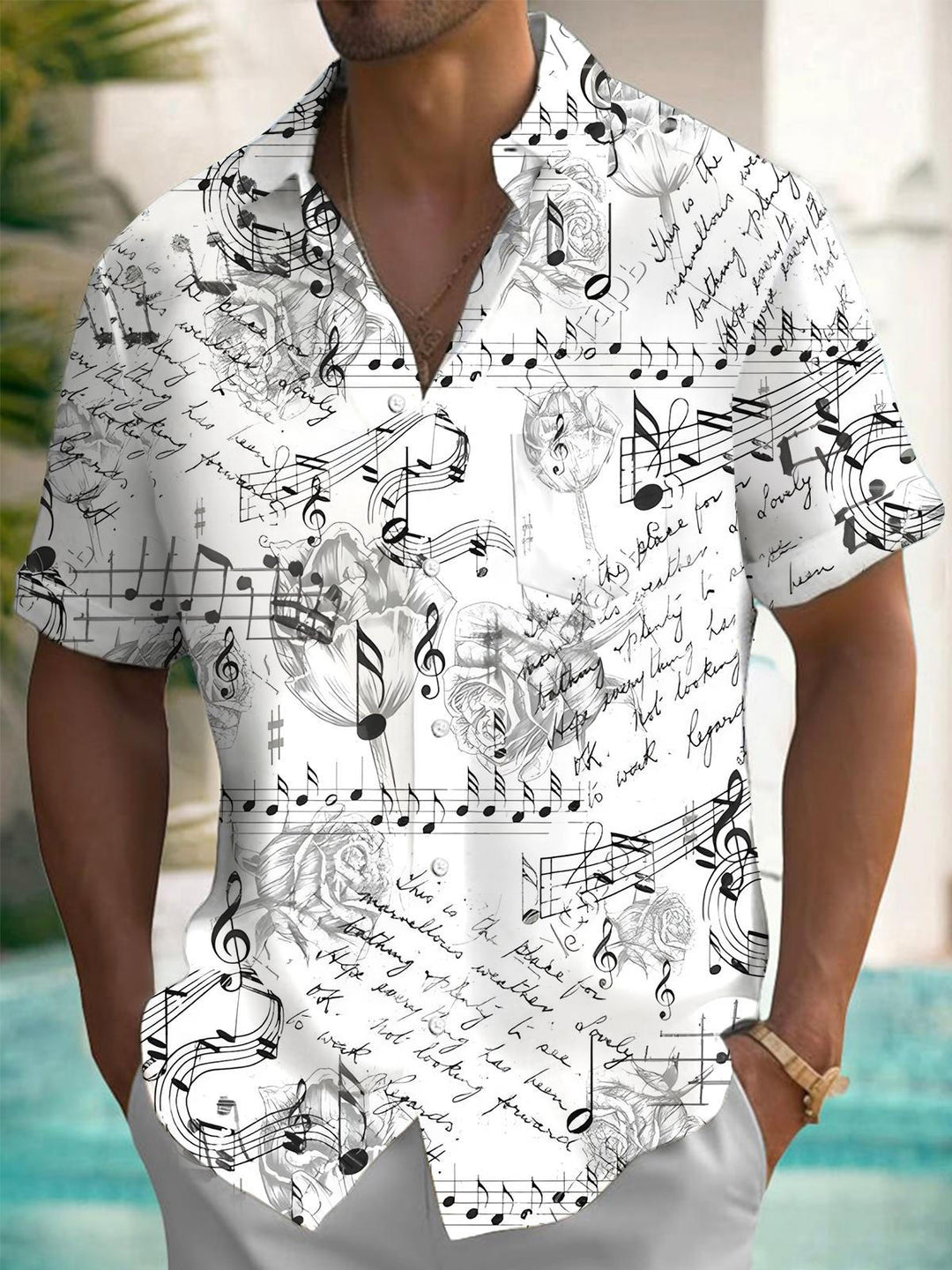 Oceanlyte Men's Graphic Musical Note Floral Print Short Sleeve Button Down Shirt with Chest Pocket