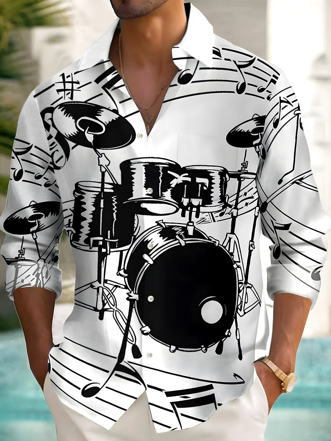 Oceanlyte Men's Graphic Drum Set Musical Notes Print Long Sleeve Button Down Shirt with Chest Pocket
