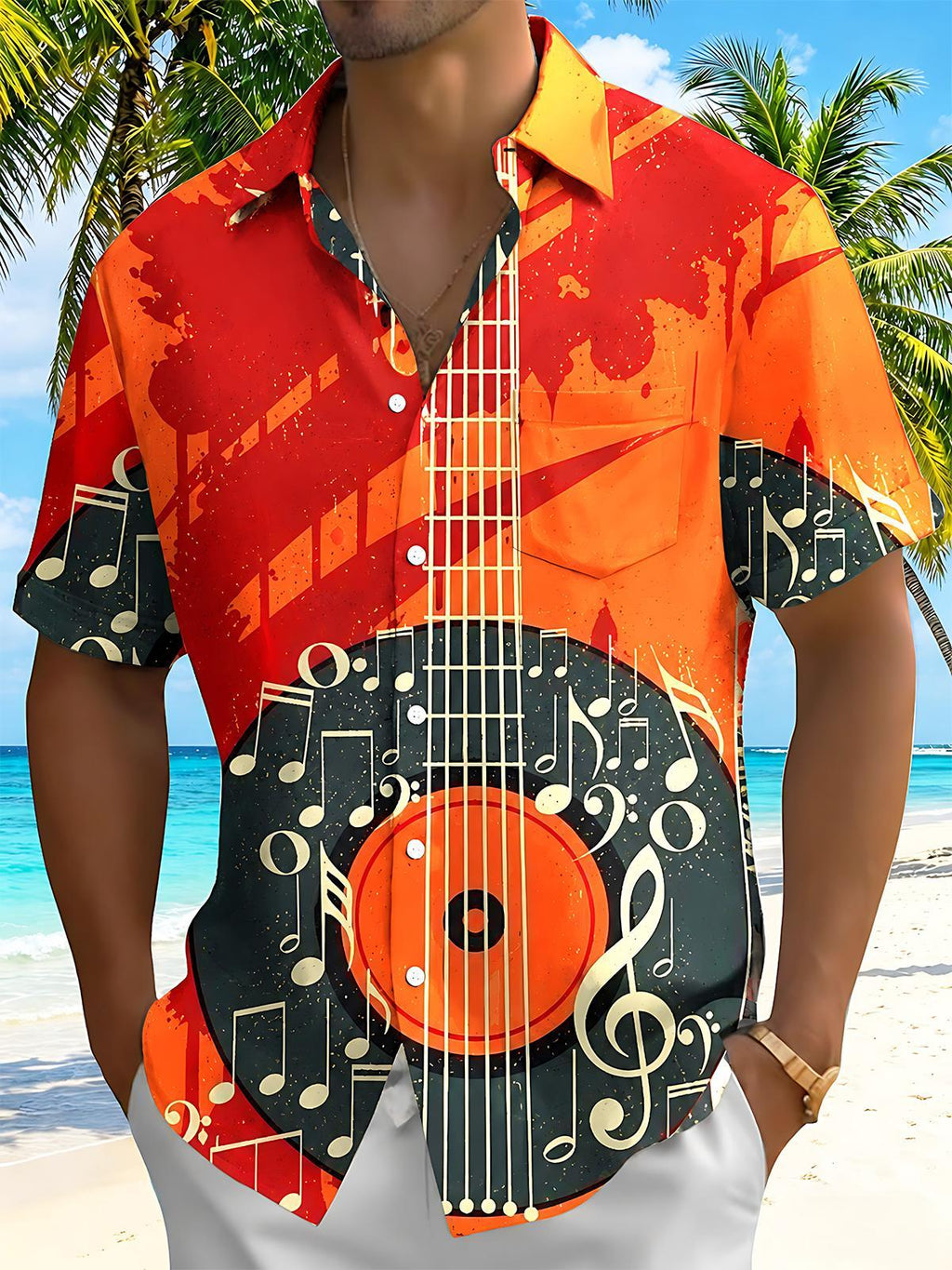 Oceanlyte Men's Graphic Acoustic Guitar Vinyl Record Music Print Short Sleeve Button Down Shirt with Chest Pocket