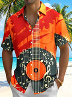 Oceanlyte Men's Graphic Acoustic Guitar Vinyl Record Music Print Short Sleeve Button Down Shirt with Chest Pocket