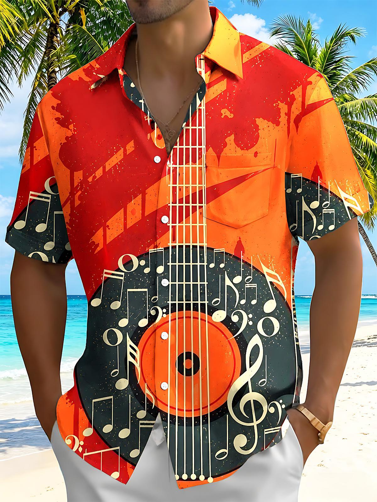 Oceanlyte Men's Graphic Acoustic Guitar Vinyl Record Music Print Short Sleeve Button Down Shirt with Chest Pocket