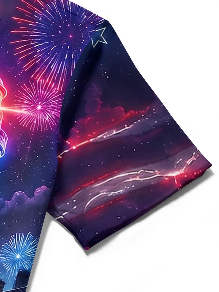 Independence Day Lighthouse Neon Night Scene Men's Pocket Short Sleeve Shirts