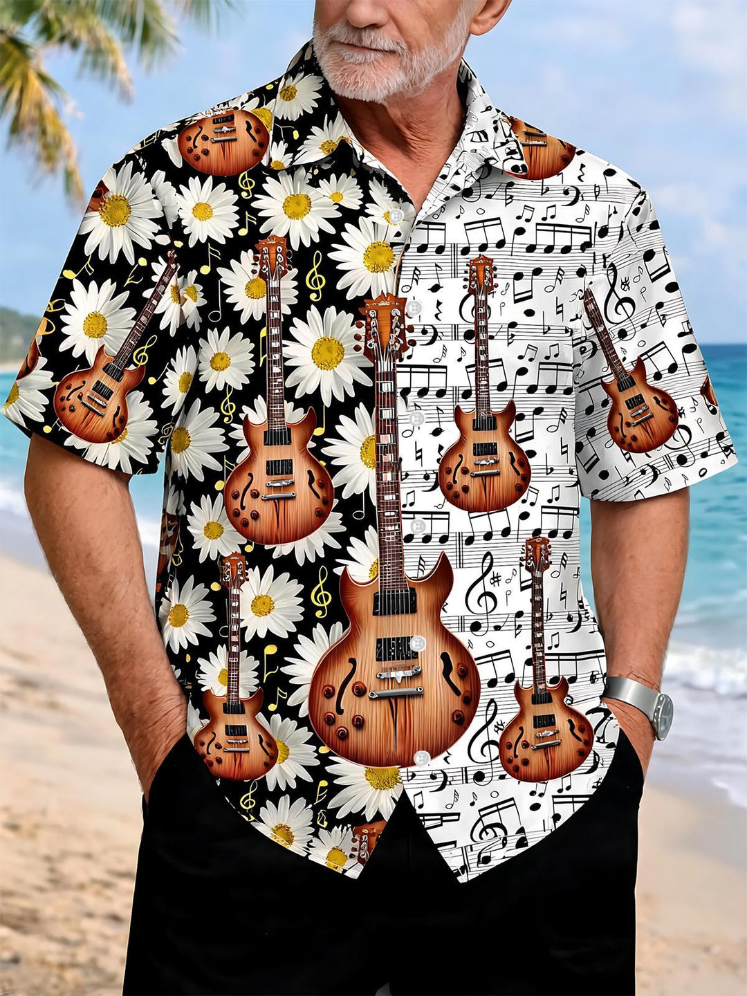 Oceanlyte Men's Graphic Floral Guitar Daisy Musical Note Print Short Sleeve Button Down Shirt with Chest Pocket