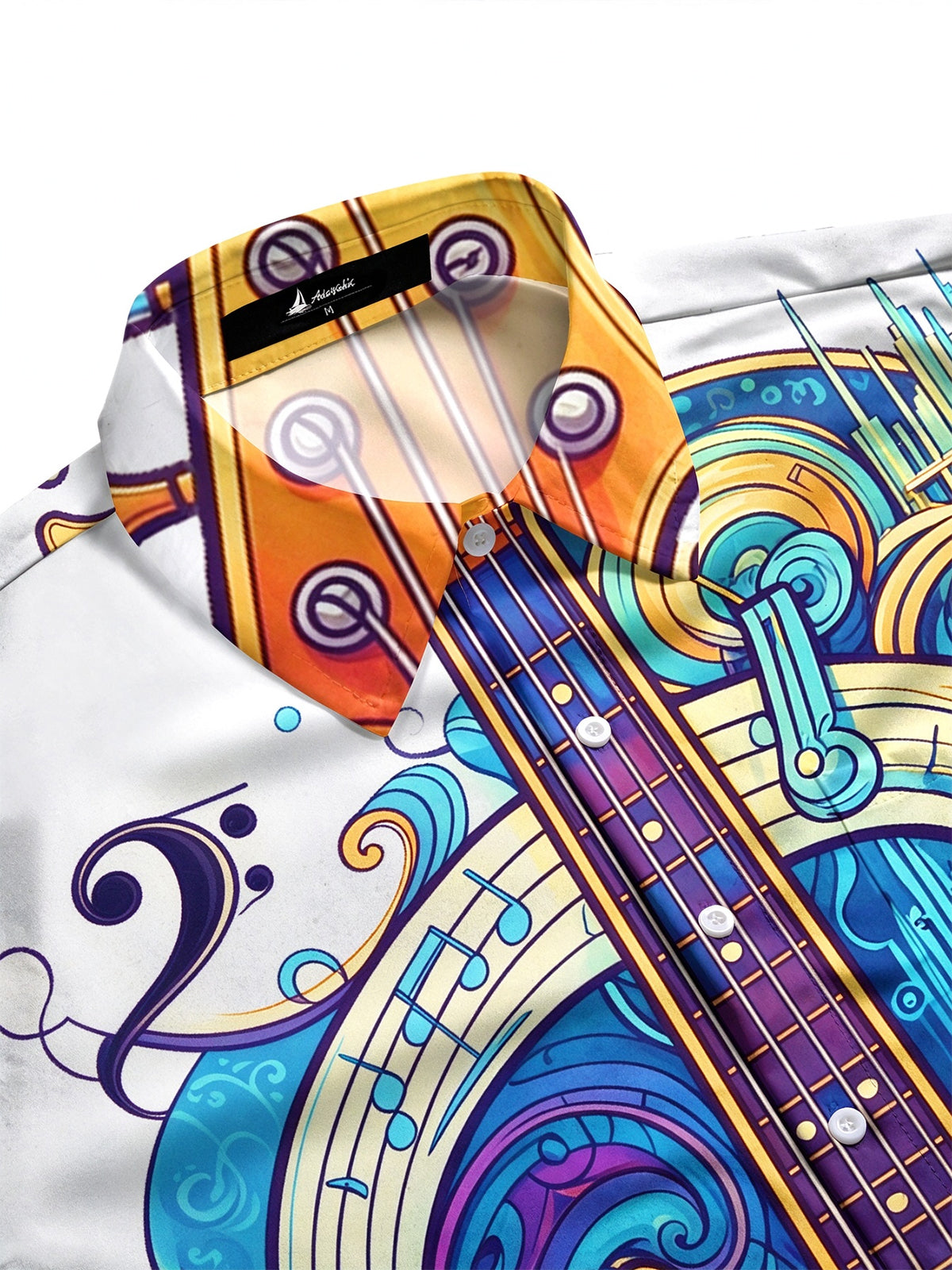 Oceanlyte Men's Long Sleeve Shirt - Psychedelic Bass Guitar And Musical Notes Print with Chest Pocket