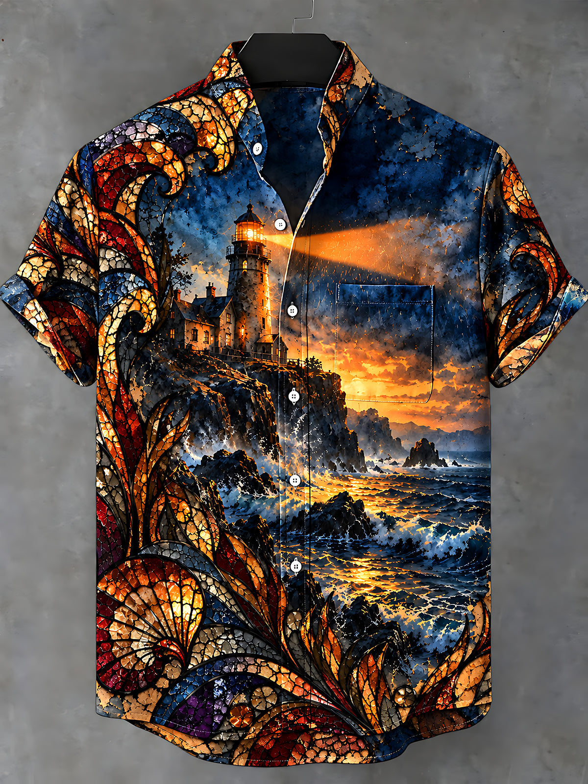 Oceanlyte Men's Hawaiian Lighthouse And Ocean Sunset Print Short Sleeve Shirt with Chest Pocket