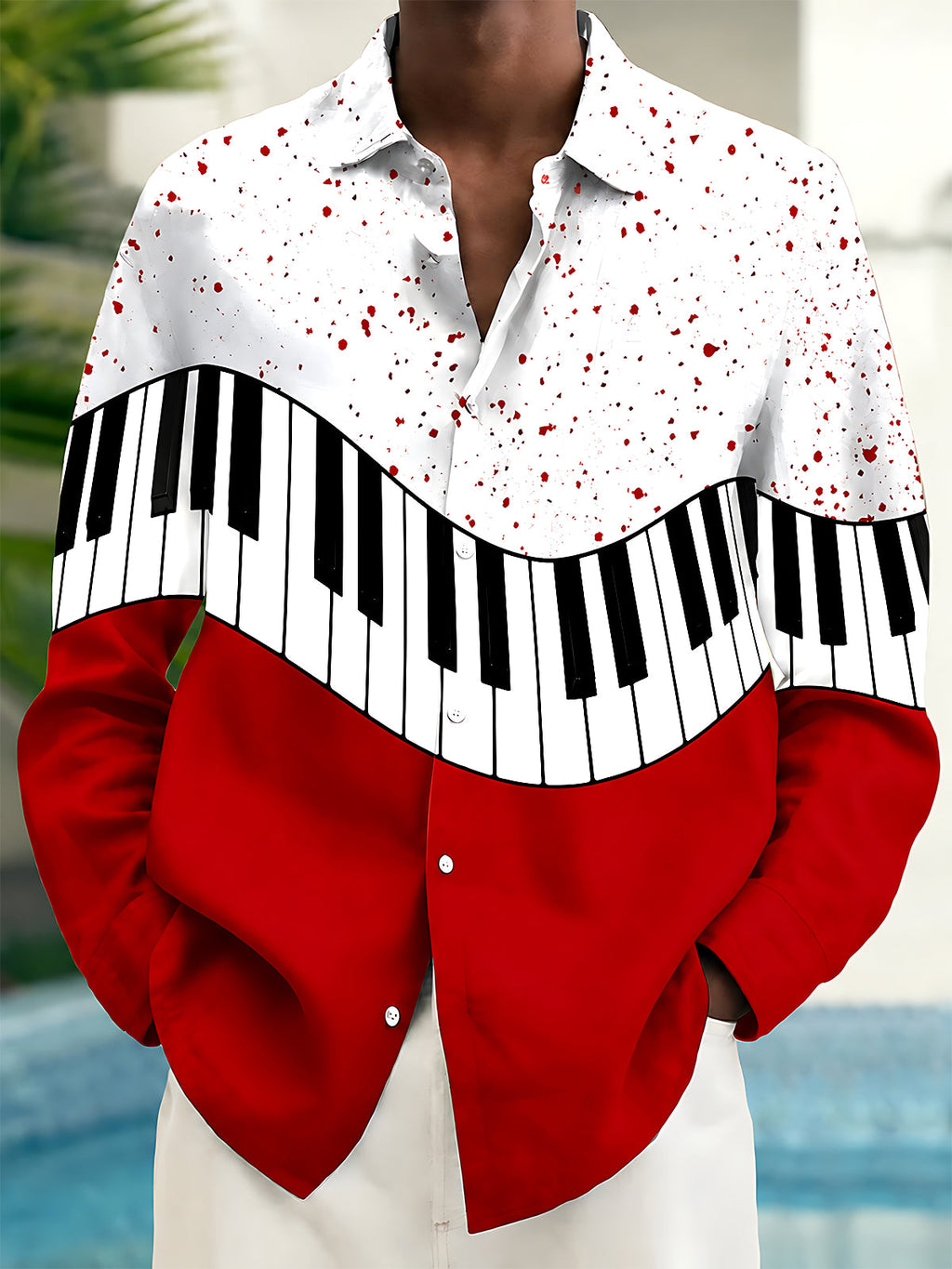 Oceanlyte Men's Graphic Piano Keyboard And Red Splatter Print Long Sleeve Shirt with Chest Pocket