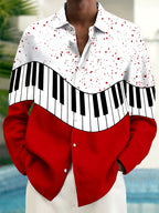 Oceanlyte Men's Graphic Piano Keyboard And Red Splatter Print Long Sleeve Shirt with Chest Pocket