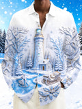 Oceanlyte Men's Long Sleeve Shirt - Christmas Winter Sleigh And Holly Print Winter Lighthouse And Ice Skating Couple Print with Chest Pocket