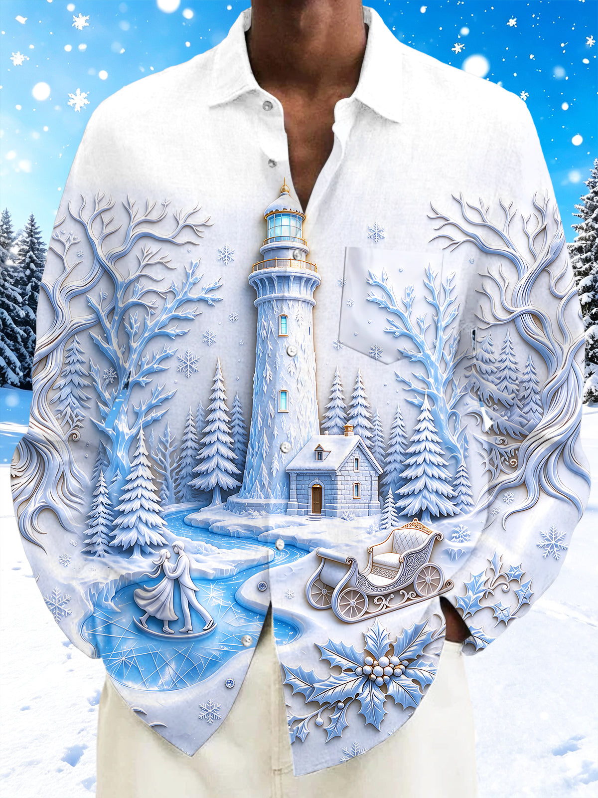 Oceanlyte Men's Long Sleeve Shirt - Christmas Winter Sleigh And Holly Print Winter Lighthouse And Ice Skating Couple Print with Chest Pocket