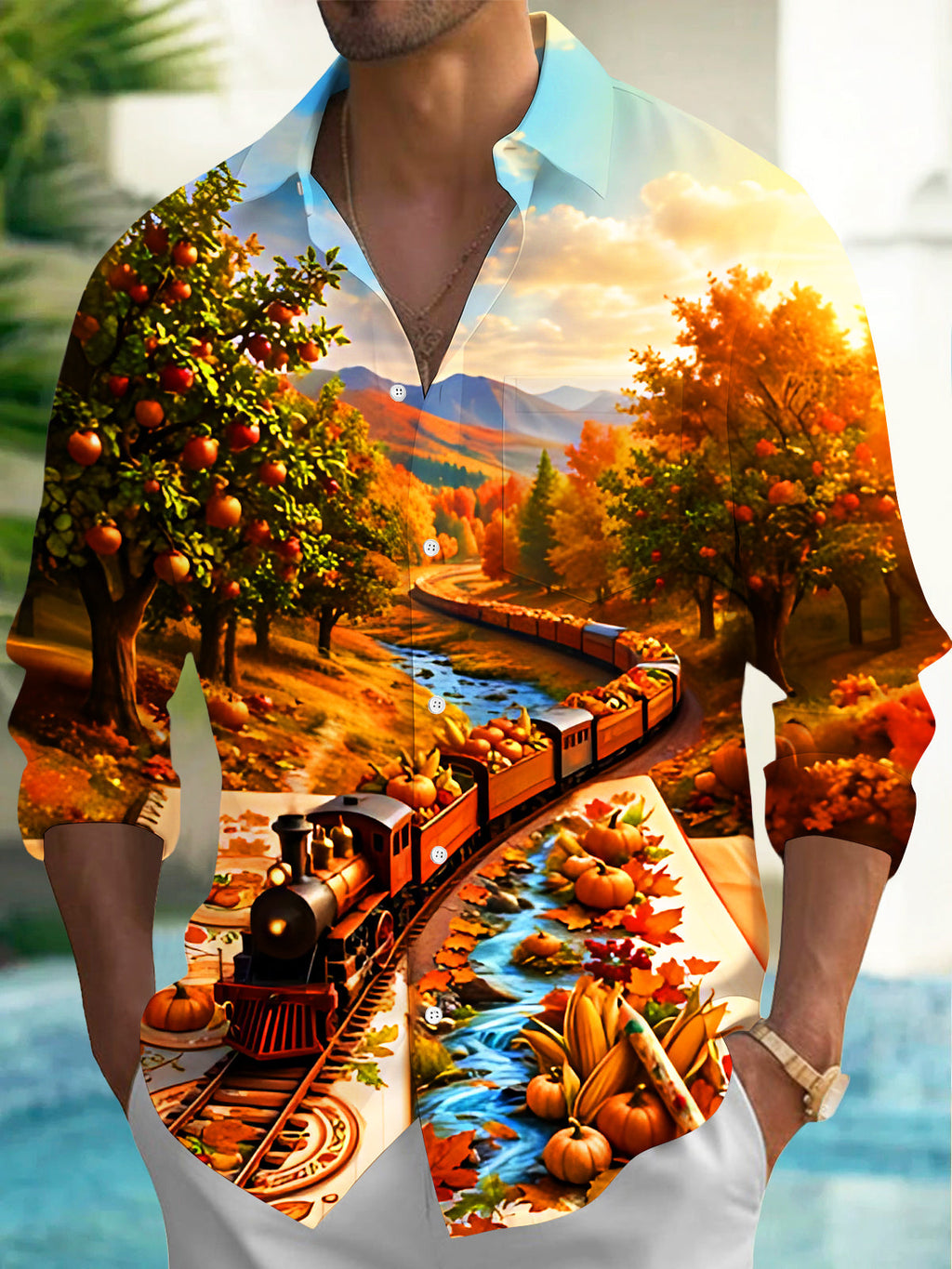 Oceanlyte Men's Long Sleeve Shirt - Autumn Landscape With Steam Train And Pumpkins Print with Chest Pocket