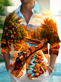 Oceanlyte Men's Long Sleeve Shirt - Autumn Landscape With Steam Train And Pumpkins Print with Chest Pocket