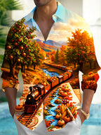 Oceanlyte Men's Long Sleeve Shirt - Autumn Landscape With Steam Train And Pumpkins Print with Chest Pocket