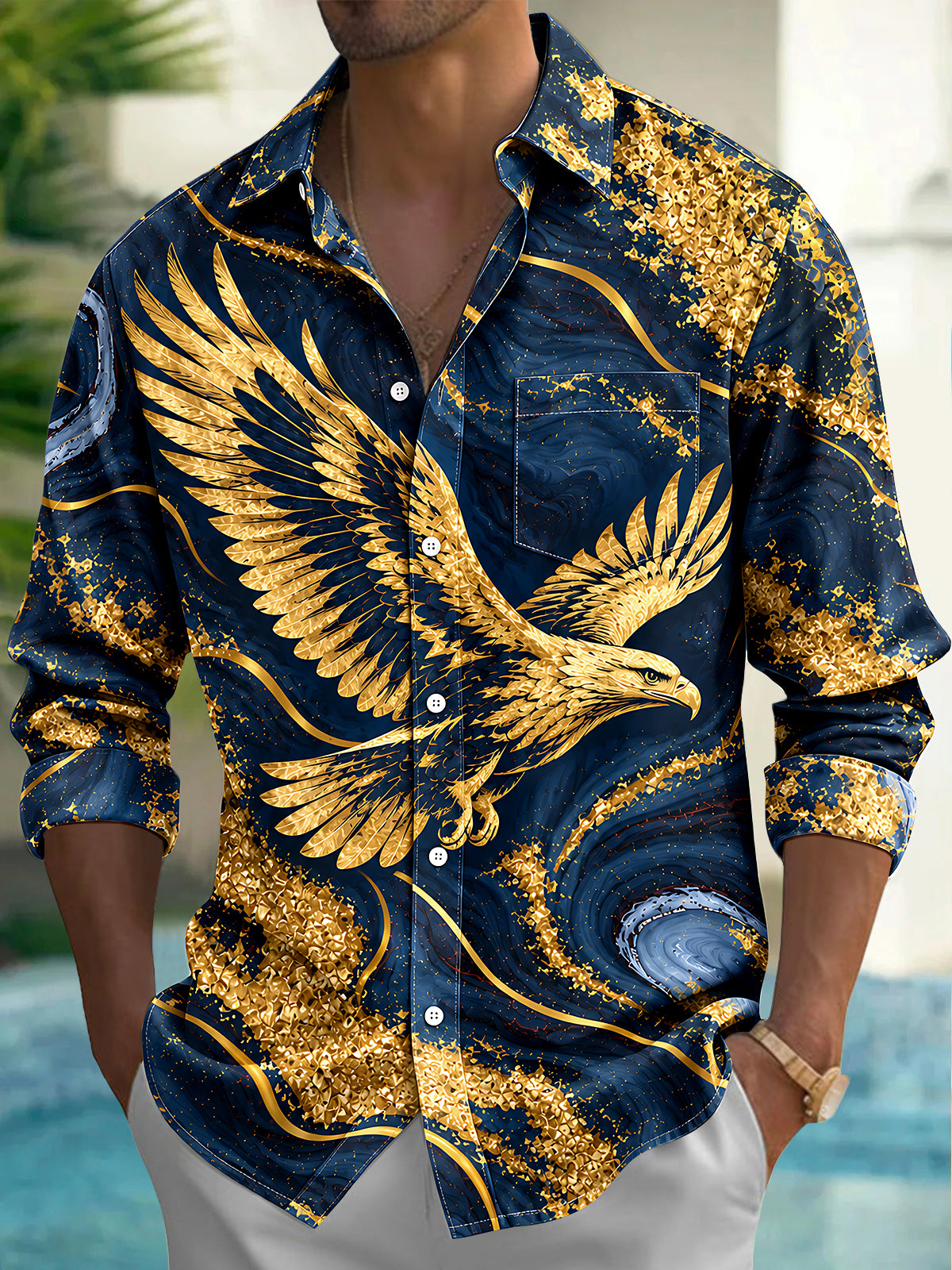 Oceanlyte Men's Graphic Abstract Golden Eagle Print Long Sleeve Shirt with Chest Pocket