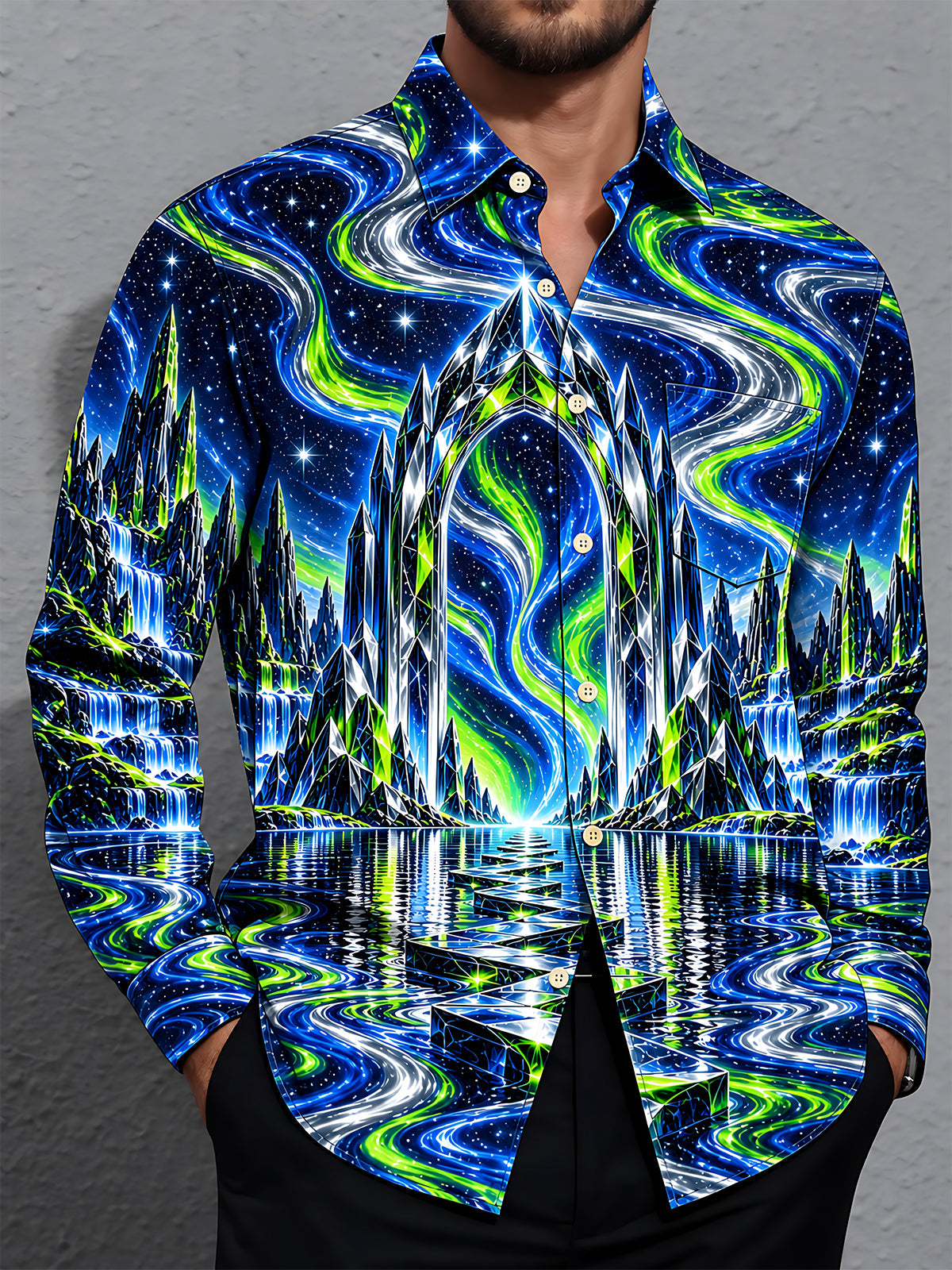 Oceanlyte Men's Long Sleeve Shirt - Crystal Archway And Aurora Borealis Landscape Print with Chest Pocket