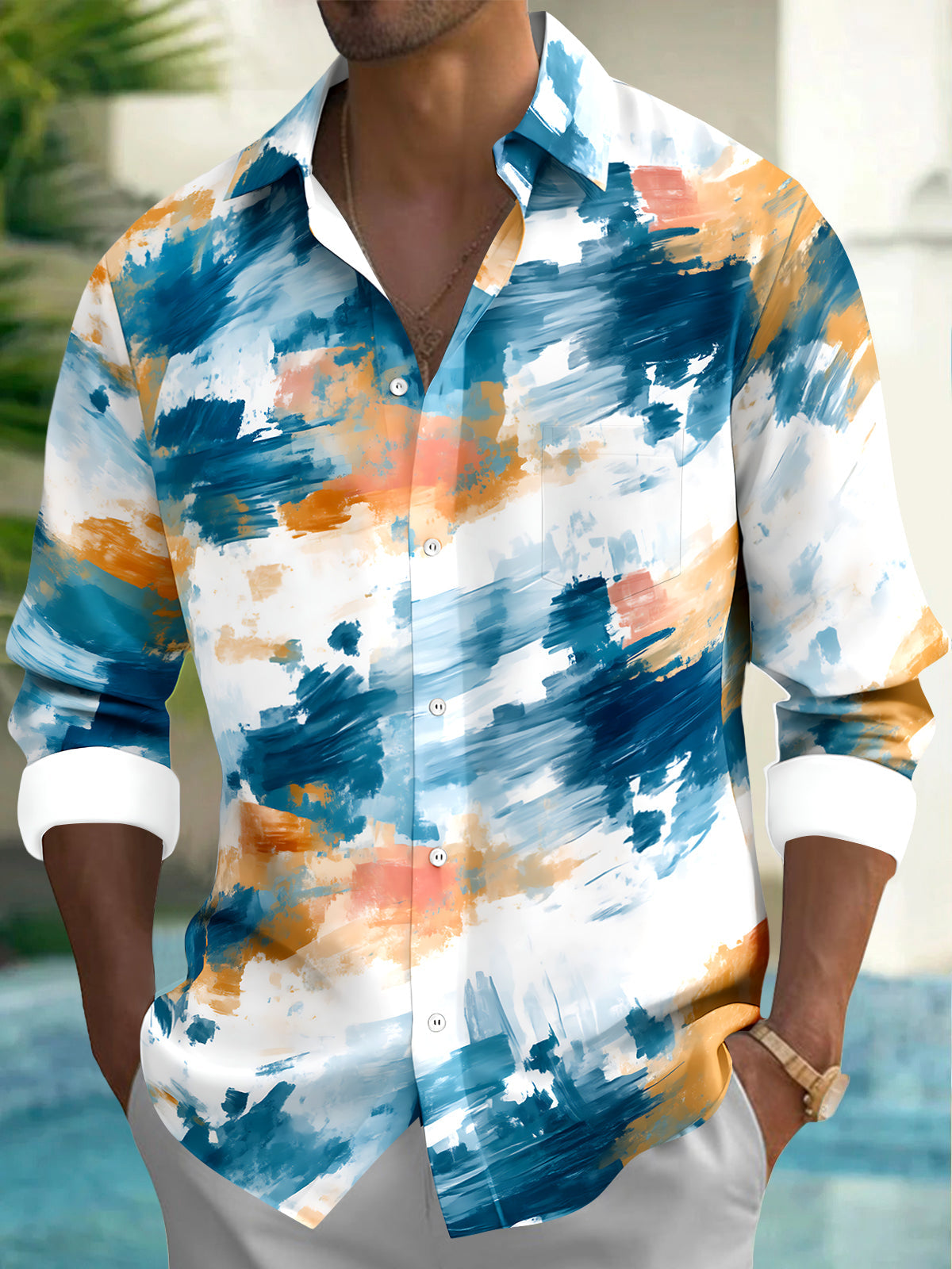 Oceanlyte Men's Tie Dye Abstract Tie Dye Brushstrokes Print Long Sleeve Shirt with Chest Pocket