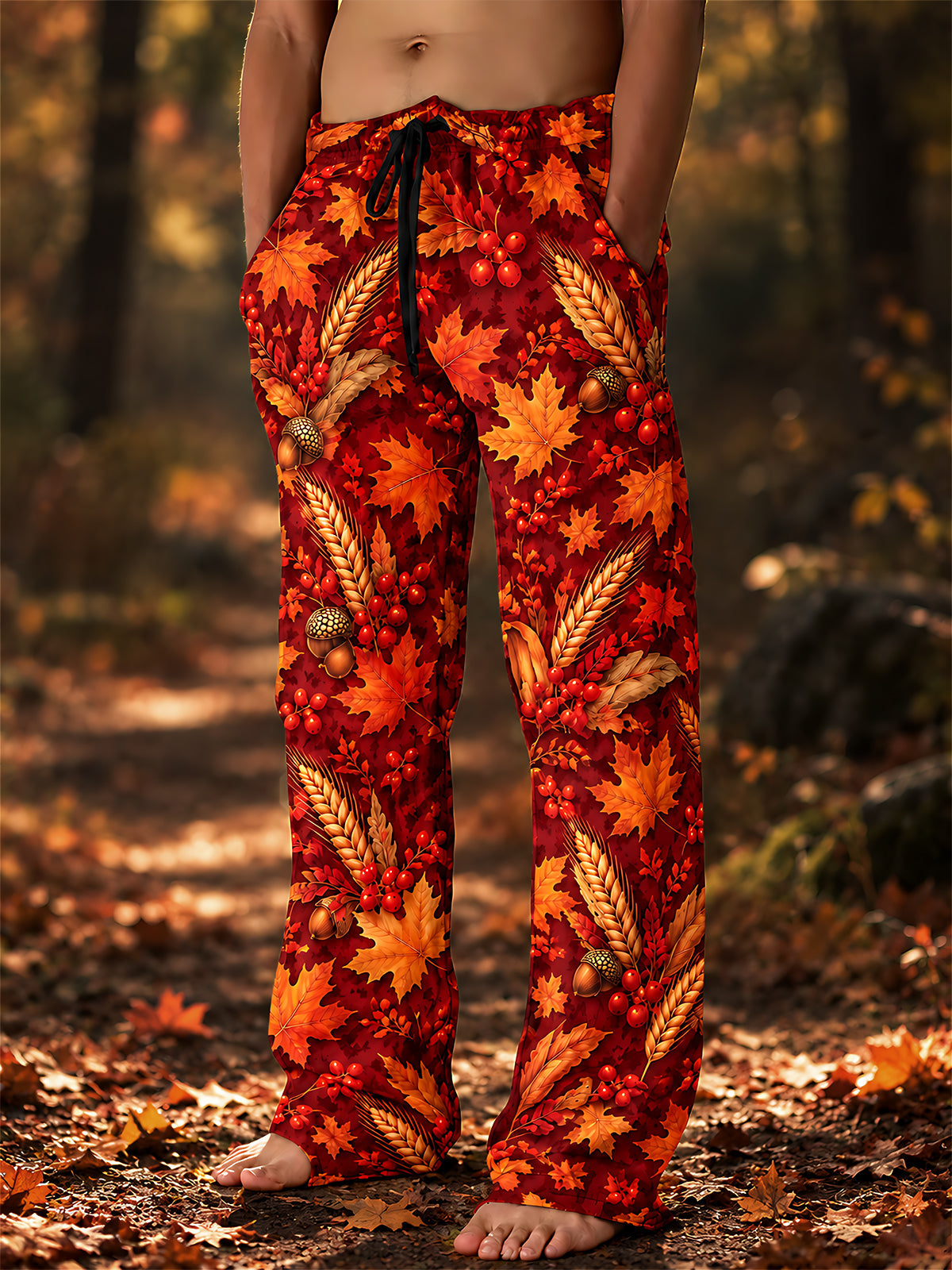 Oceanlyte Men's Autumn Maple Leaves Wheat Acorns And Red Berries Print Pants