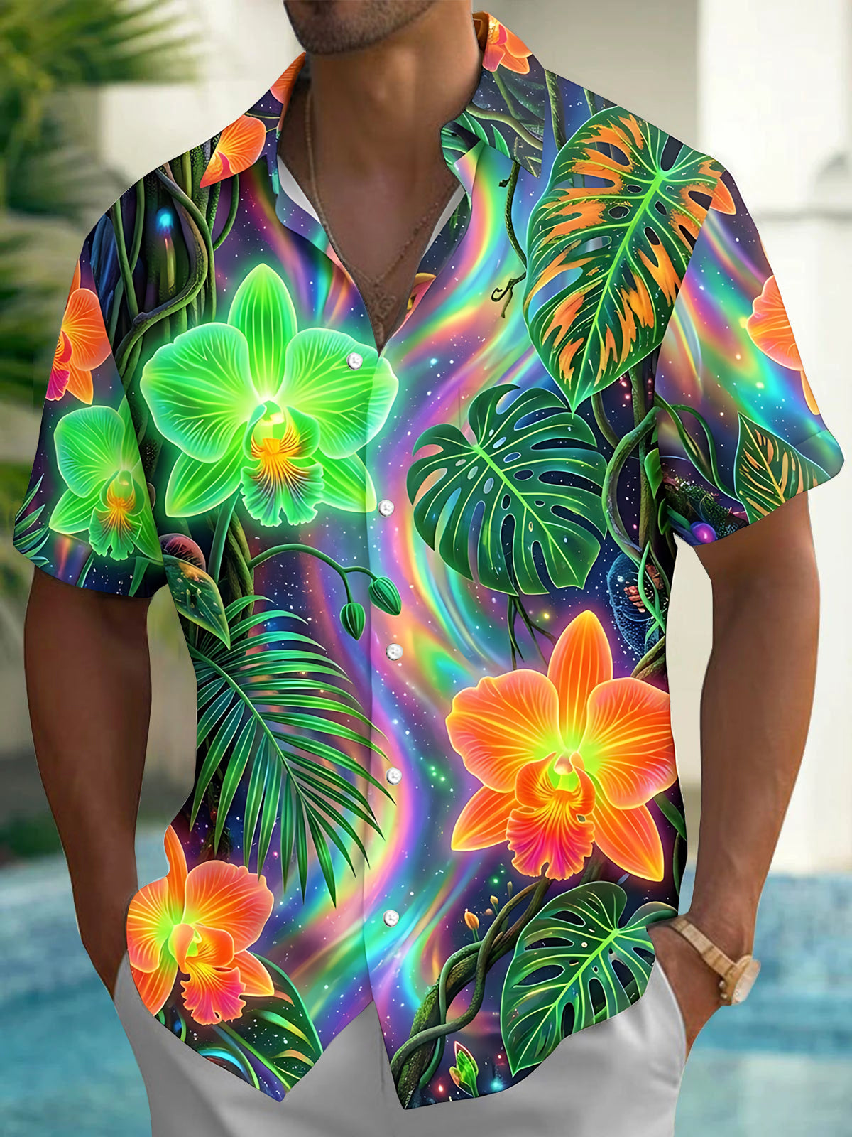 Oceanlyte Men's Neon Orchids And Monstera Leaves Print Short Sleeve Shirt with Chest Pocket