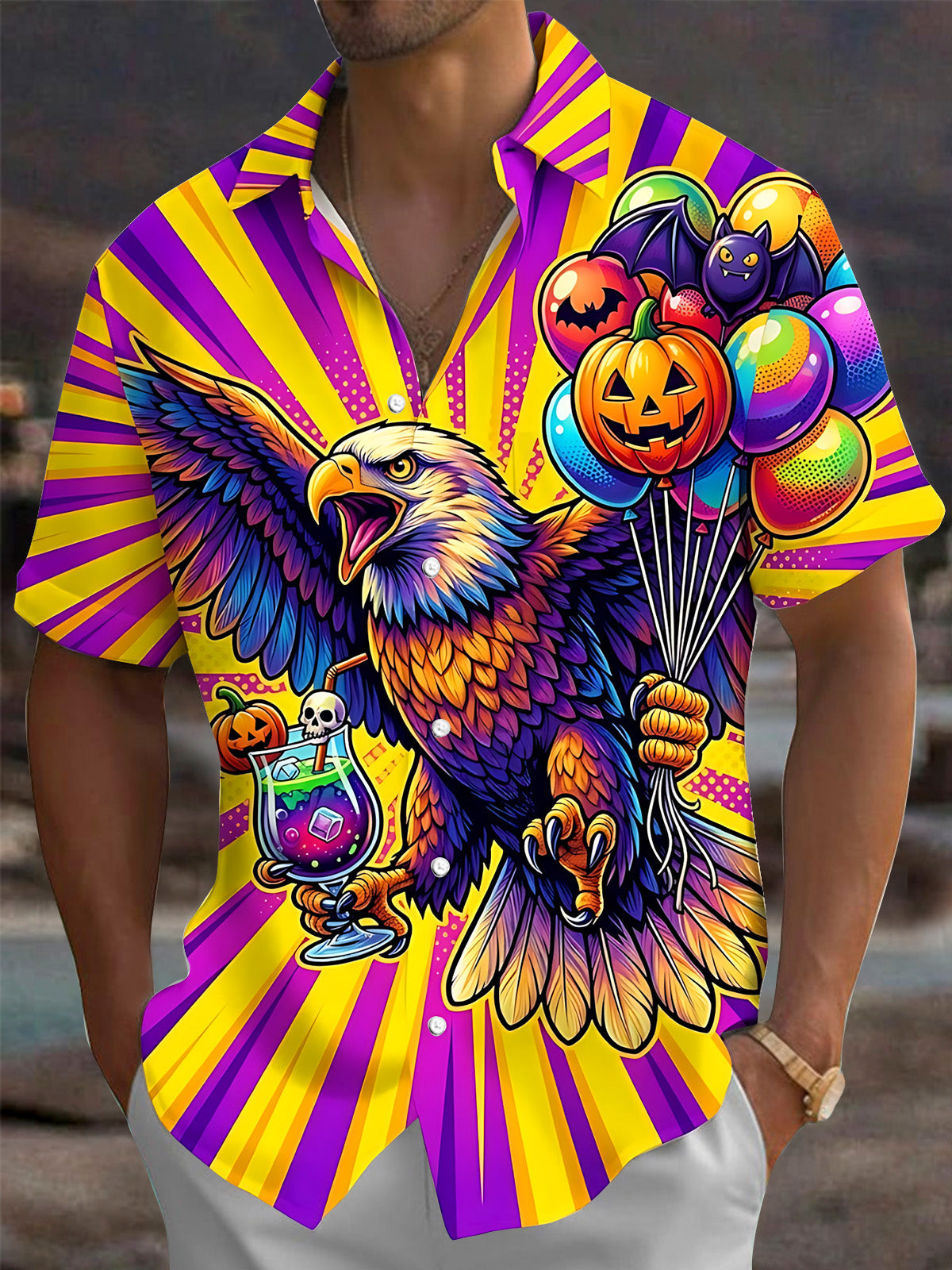 Oceanlyte Men's Short Sleeve Shirt - Eagle Holding Halloween Balloons And A Potion Drink Print with Chest Pocket