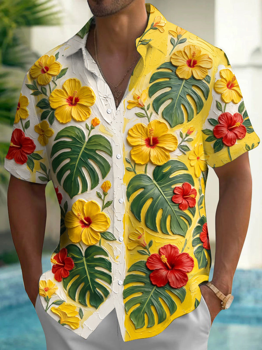 Oceanlyte Men's Hibiscus Flowers And Monstera Leaves Print Short Sleeve Shirt with Chest Pocket
