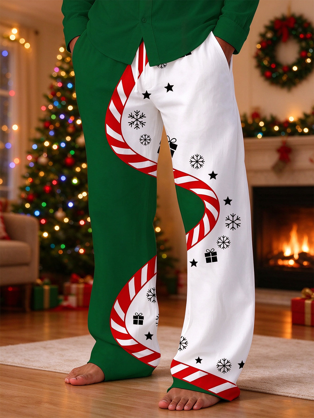 Oceanlyte Men's Christmas Candy Cane Snowflakes Stars And Gift Boxes Print Pants