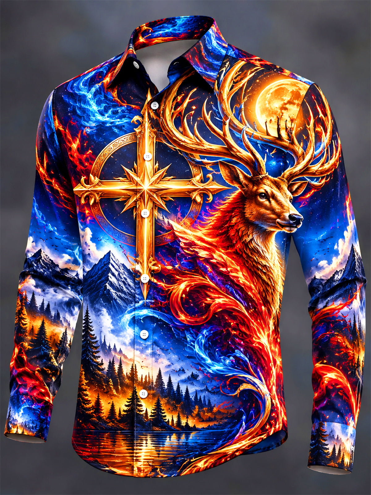 Oceanlyte Men's Long Sleeve Shirt - Deer And Cross With Fire And Ice Landscape Print with Chest Pocket