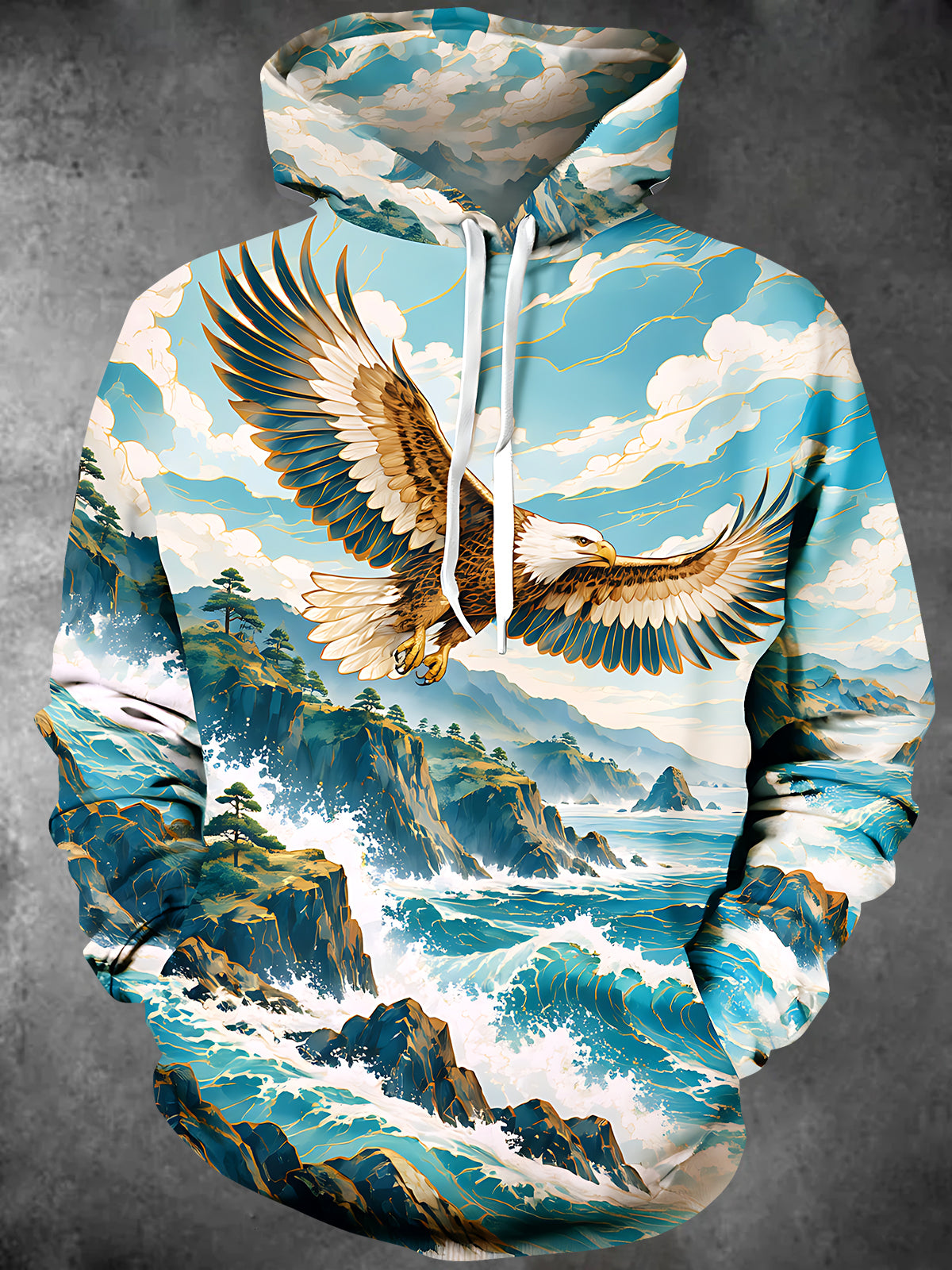Oceanlyte Men's Long Sleeve Hoodie - Flying Eagle Over Ocean Waves And Mountains Print