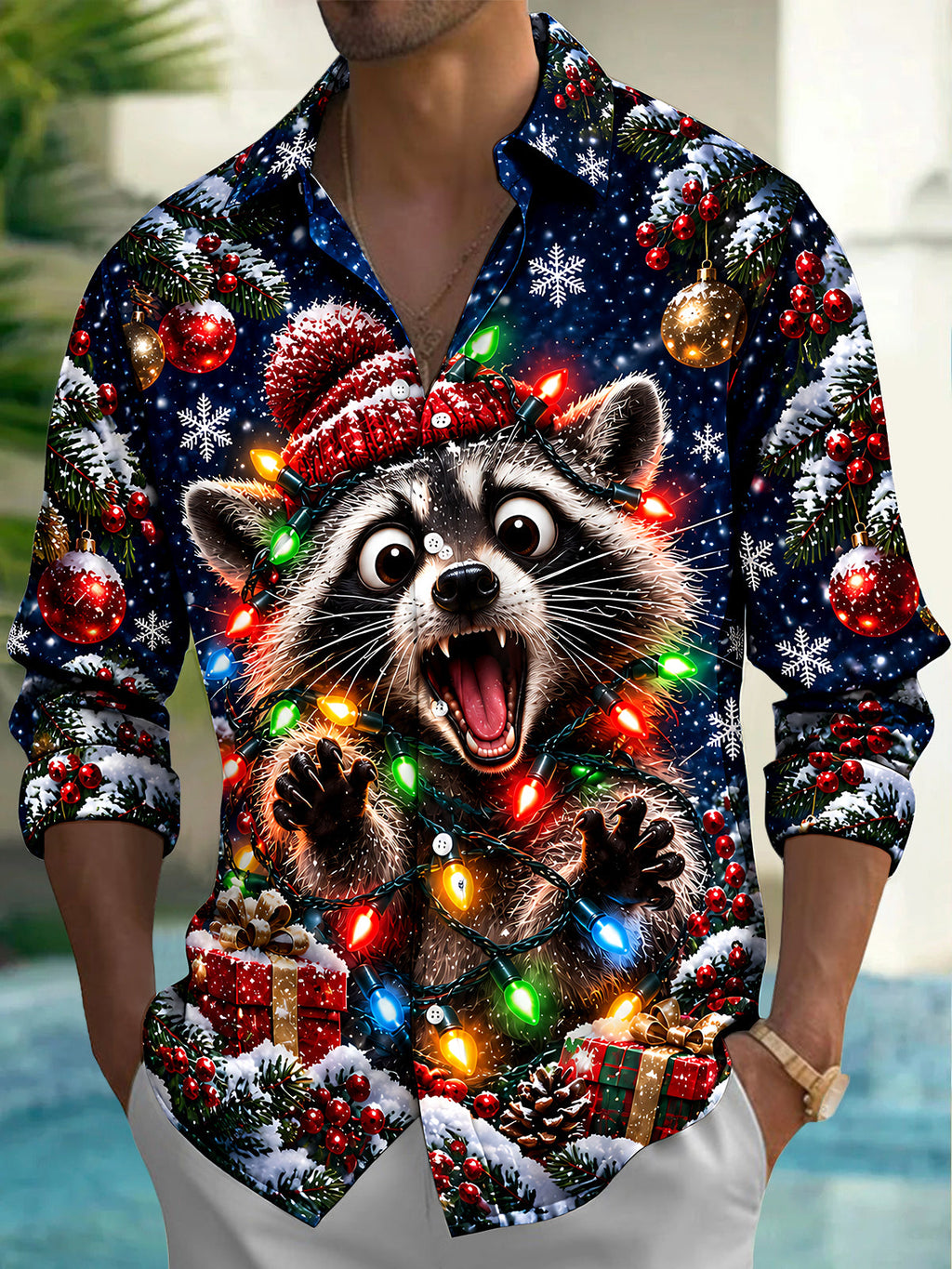 Oceanlyte Men's Raccoon With Christmas Lights And Hat Print Long Sleeve Shirt with Chest Pocket