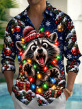 Oceanlyte Men's Raccoon With Christmas Lights And Hat Print Long Sleeve Shirt with Chest Pocket