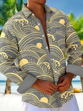 Oceanlyte Men's Hawaiian Japanese Wave Pattern With Sun Long Sleeve Shirt with Chest Pocket