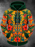 Oceanlyte Men's Pineapple And Hibiscus Flowers Print Long Sleeve Zip-Up Hoodie