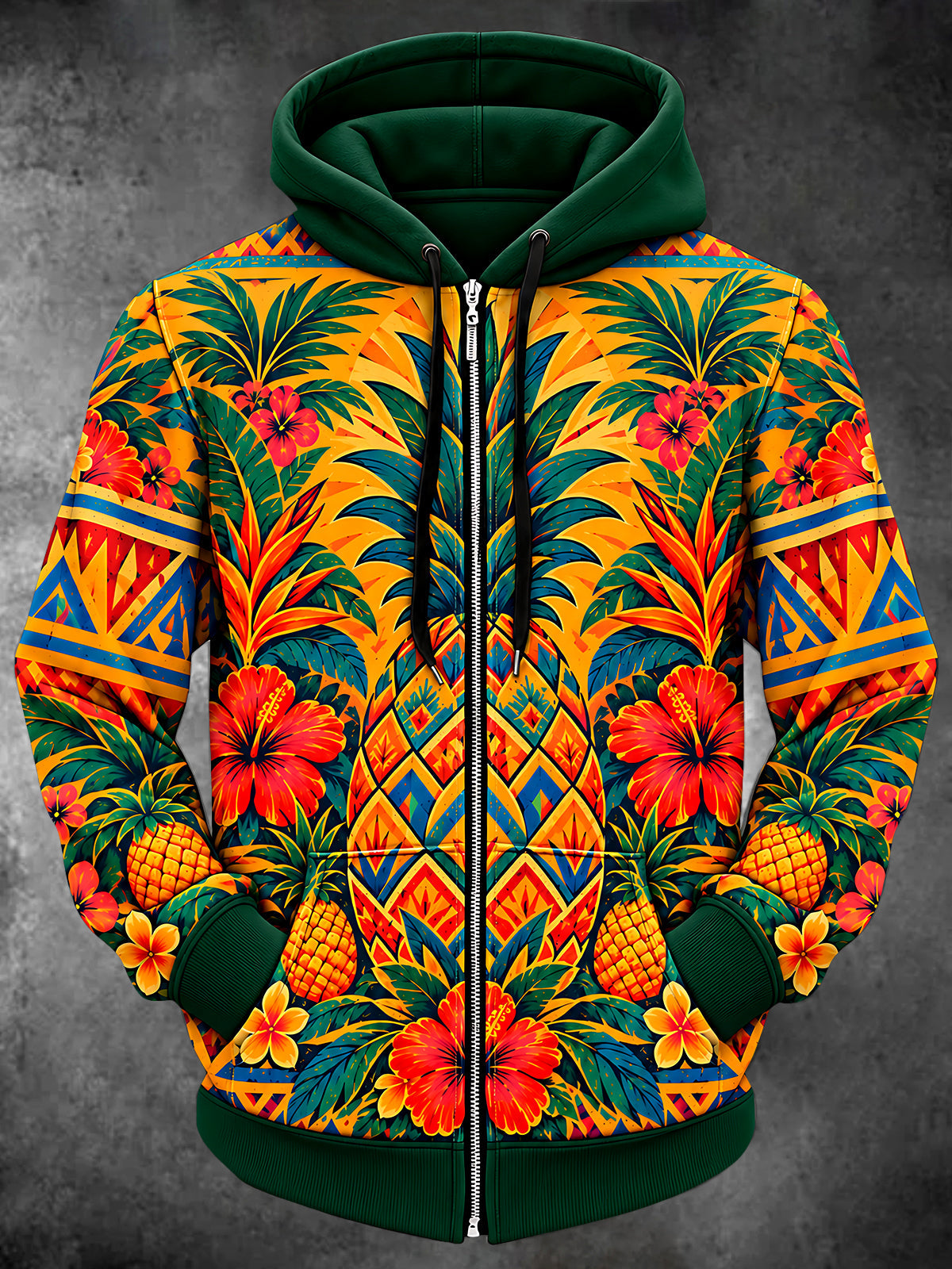 Oceanlyte Men's Pineapple And Hibiscus Flowers Print Long Sleeve Zip-Up Hoodie