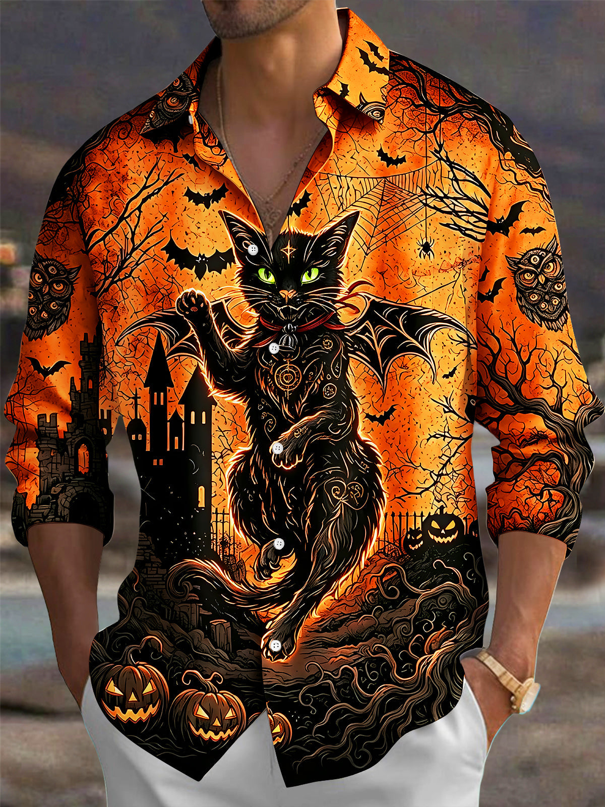 Oceanlyte Men's Halloween Black Cat With Bats And Castle Print Long Sleeve Shirt with Chest Pocket