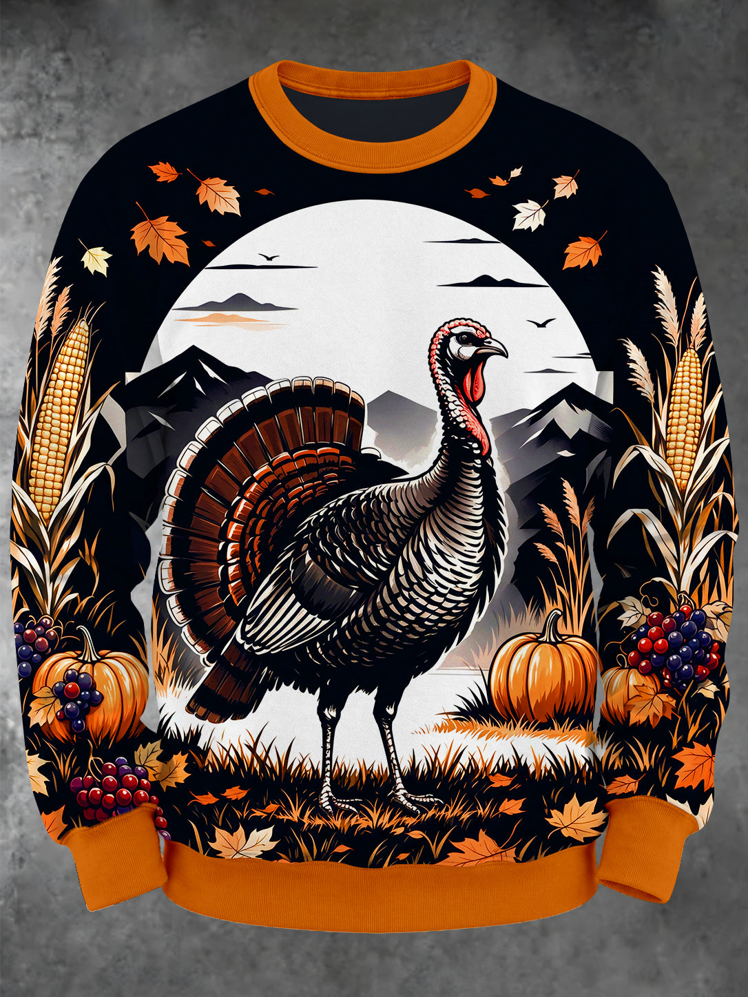 Oceanlyte Men's Long Sleeve Crew Neck Sweatshirt - Thanksgiving Turkey And Autumn Harvest Print