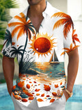 Oceanlyte Men's Short Sleeve Shirt - Tropical Sunset Beach With Sailboat And Palm Trees Print with Chest Pocket