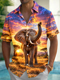 Oceanlyte Men's African Elephant In Savanna Sunset Print Short Sleeve Shirt with Chest Pocket