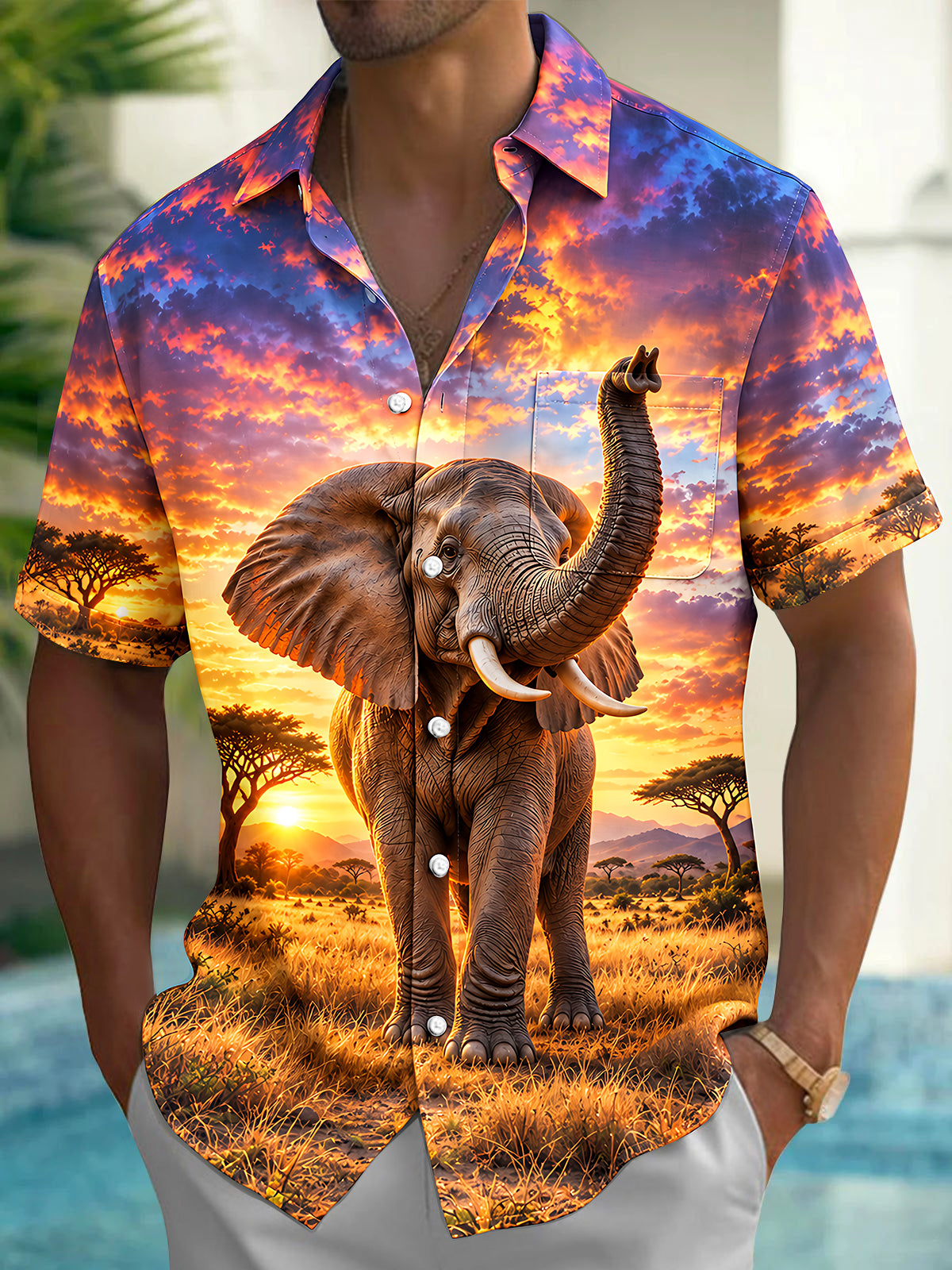 Oceanlyte Men's African Elephant In Savanna Sunset Print Short Sleeve Shirt with Chest Pocket