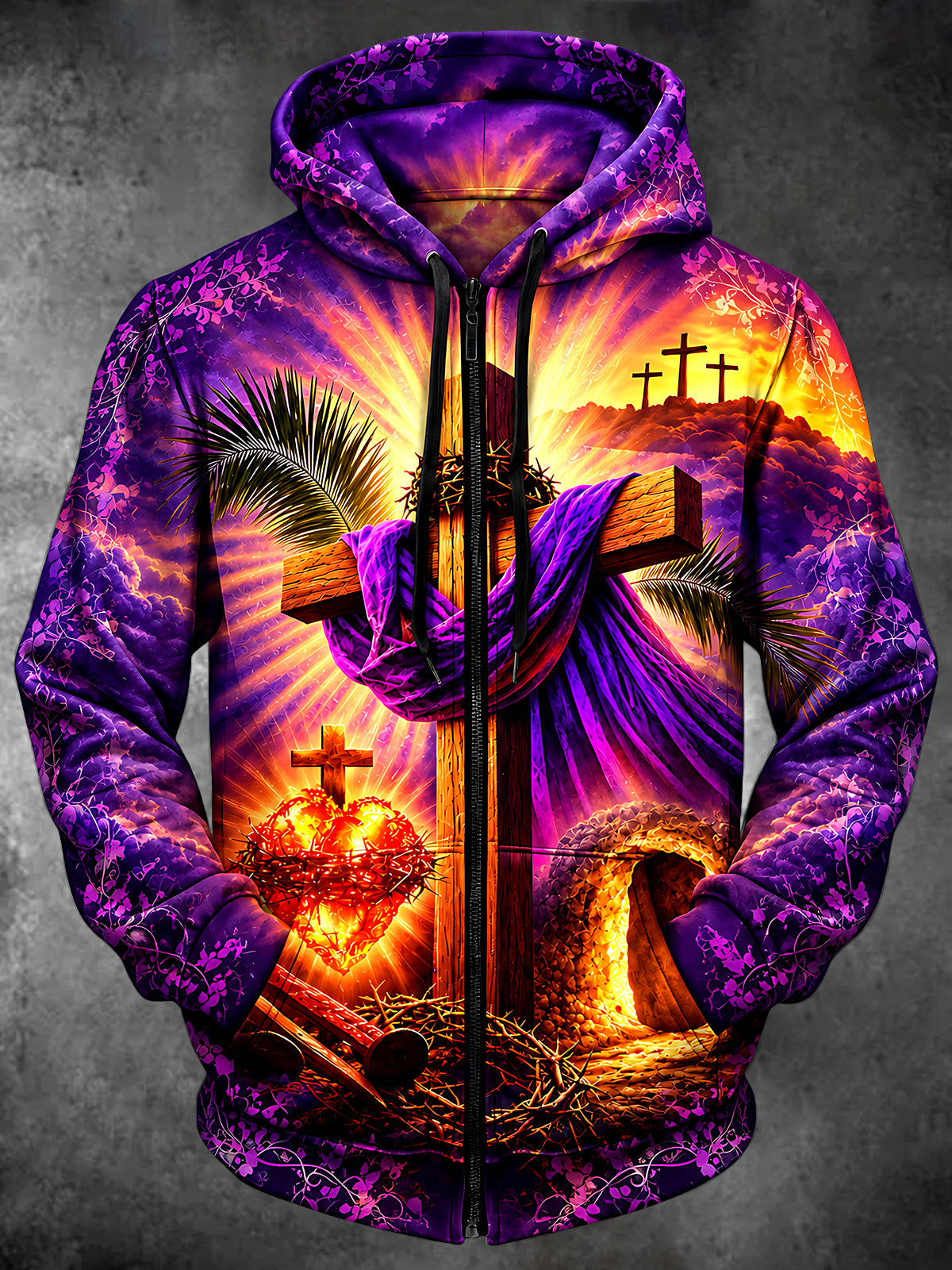 Oceanlyte Men's Long Sleeve Zip-Up Hoodie - Christian Religious Symbols And Crucifixion Scene Print