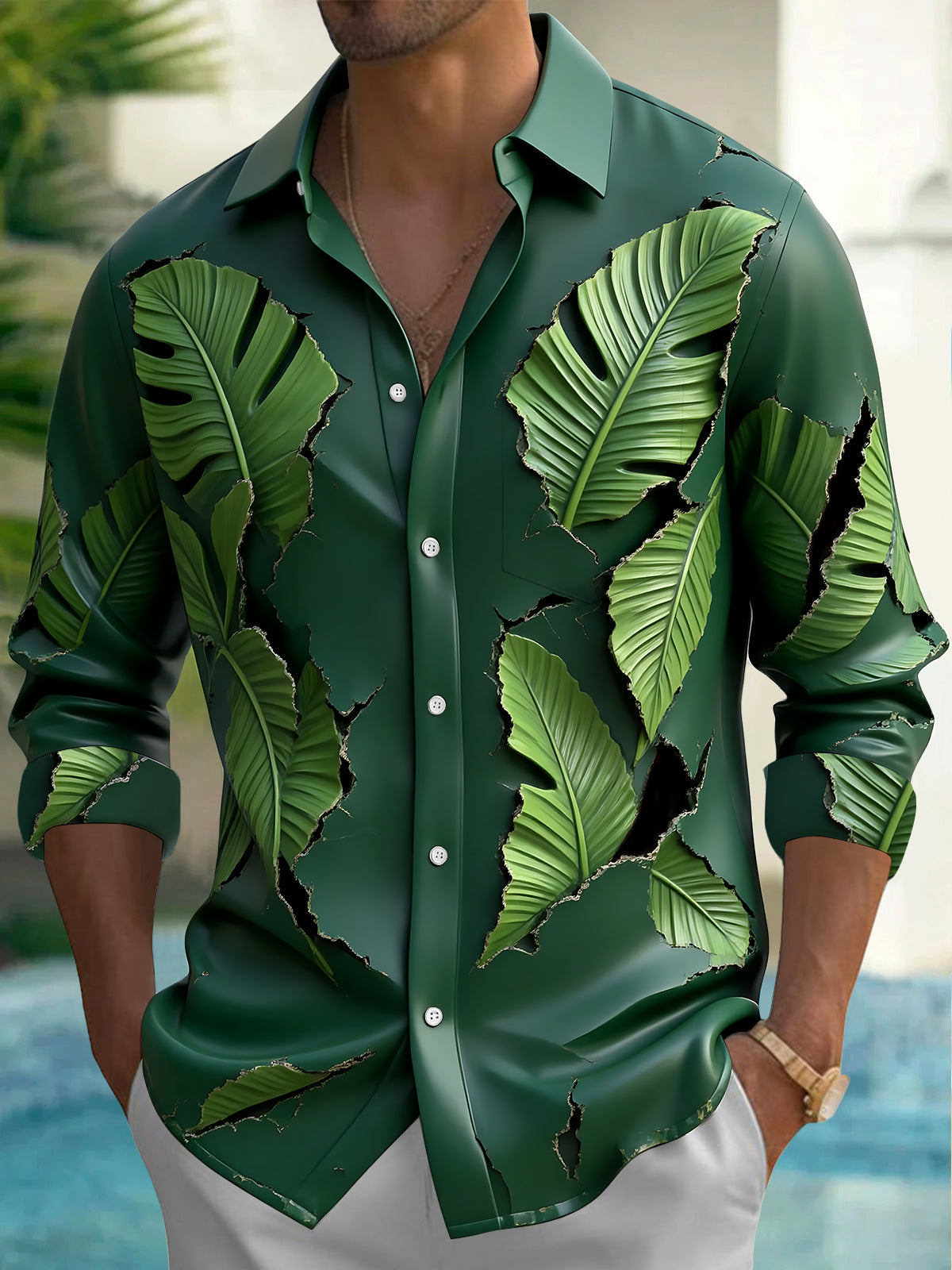 Oceanlyte Men's Tropical Tropical Palm Leaves Print Long Sleeve Shirt with Chest Pocket