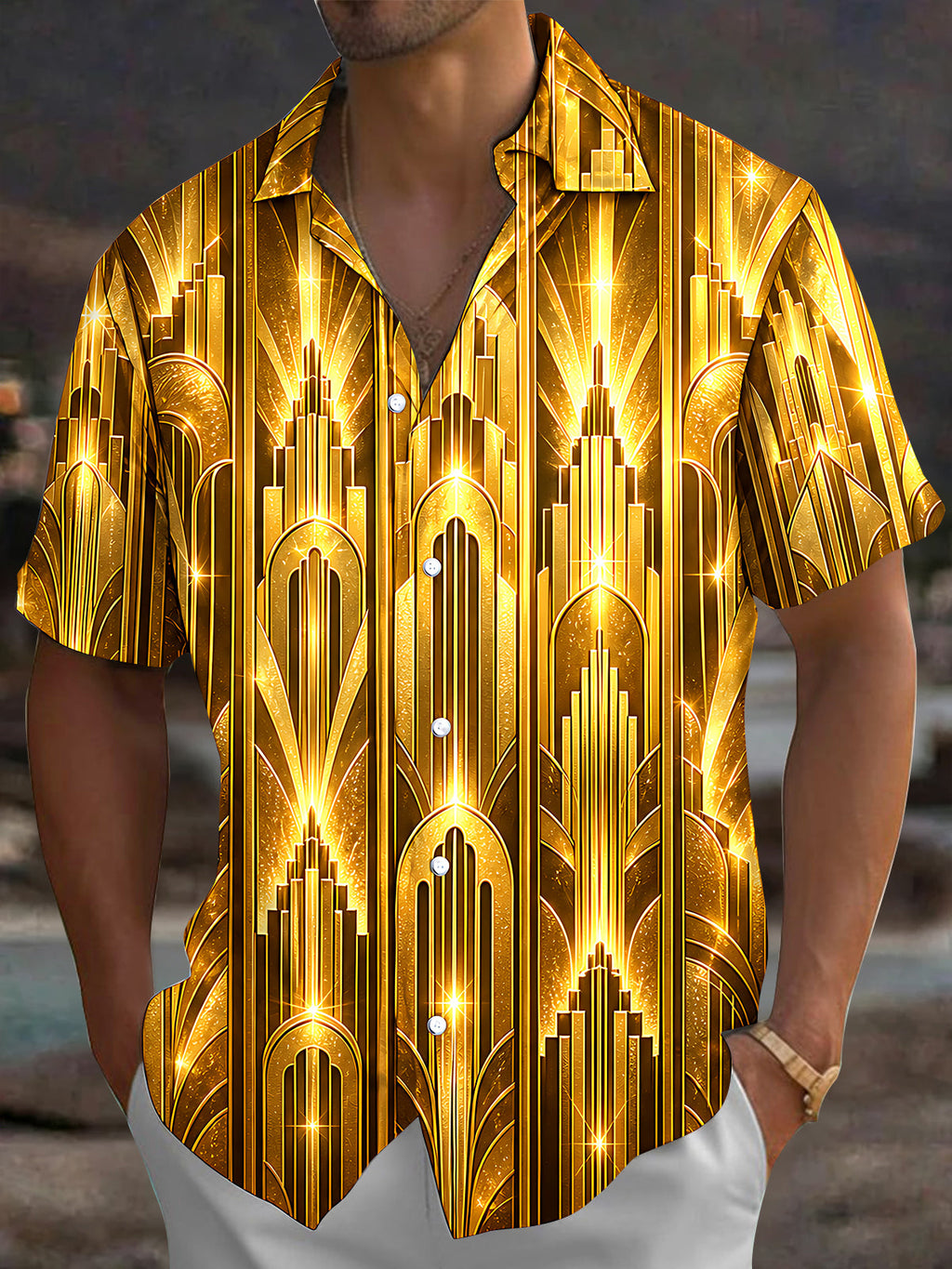 Oceanlyte Men's Short Sleeve Shirt - Art Deco Geometric Gold Lines And Arches Print with Chest Pocket