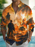 Oceanlyte Men's Soldier And Armored Vehicle In War Ruins Print Long Sleeve Shirt with Chest Pocket