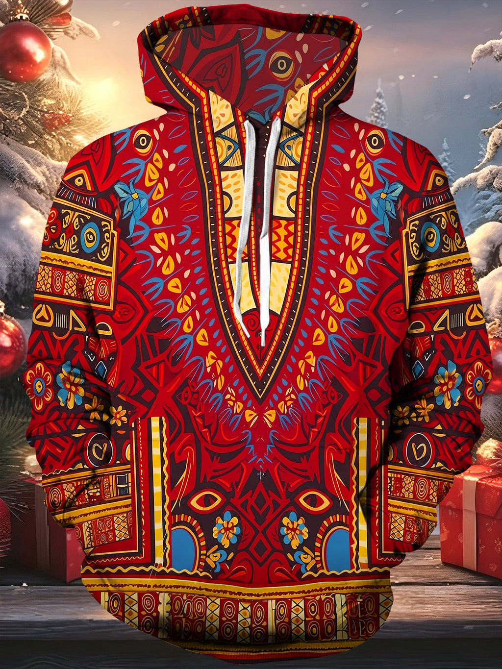 Oceanlyte Men's Geometric Totem Pattern With Floral Motifs Long Sleeve Hoodie