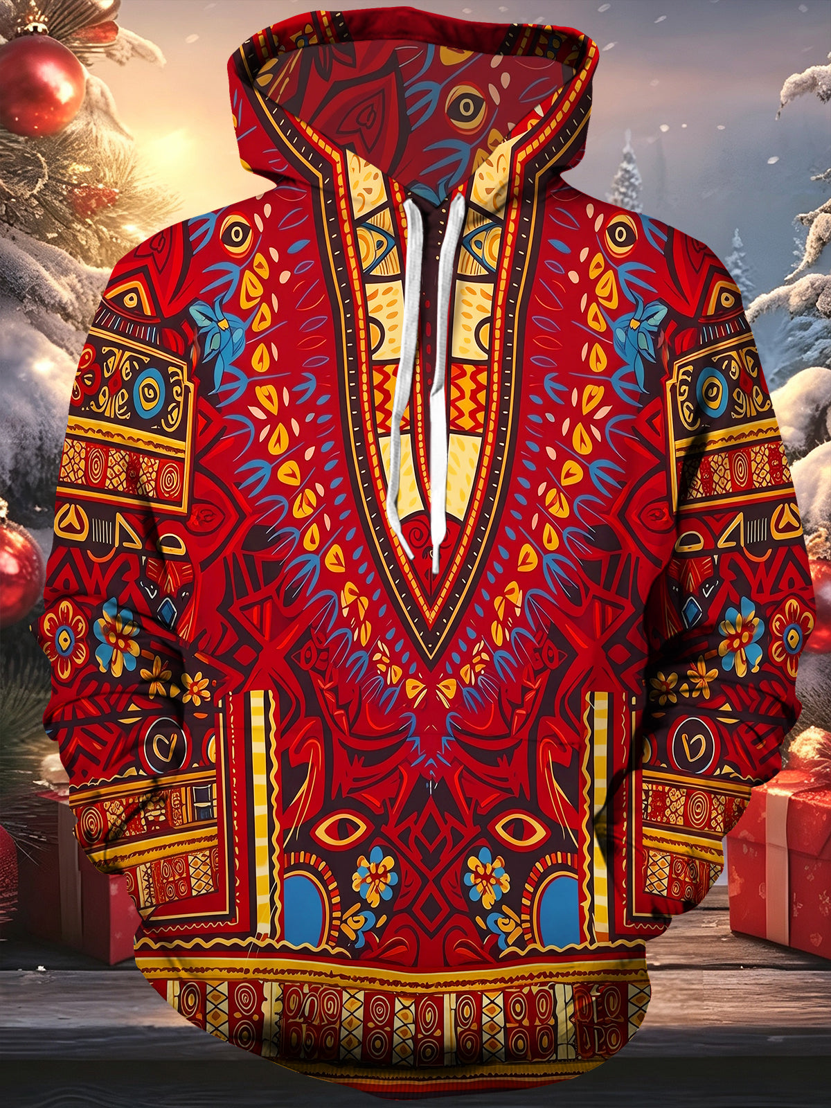 Oceanlyte Men's Geometric Totem Pattern With Floral Motifs Long Sleeve Hoodie