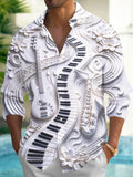 Oceanlyte Men's Long Sleeve Shirt - 3D Musical Instruments And Floral Carvings Print with Chest Pocket